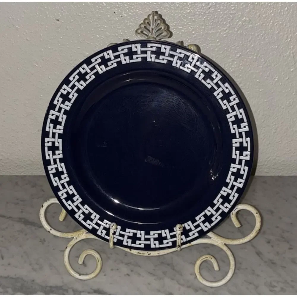 Williams Sonoma Melamine Dinner Plates Navy Bluee Nautical Chain Border Set 4
